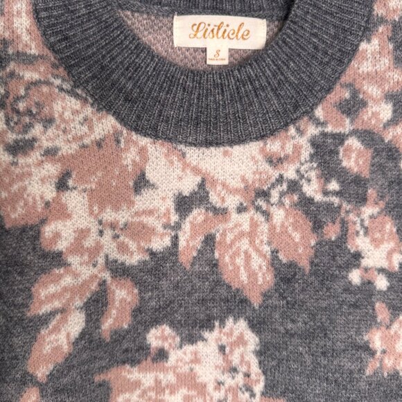 Listicle Gray Skies Floral Sweater, Small, Crew Neck Knit Ribbed Grandmacore - Picture 11 of 13
